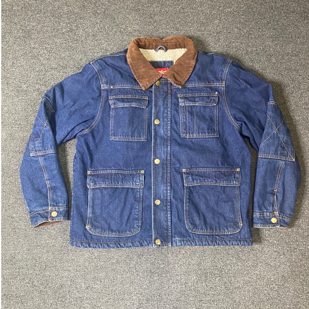 Wrangler Denim Barn Jacket Blue Mens Large Sherpa Lined Corduroy Pockets Work